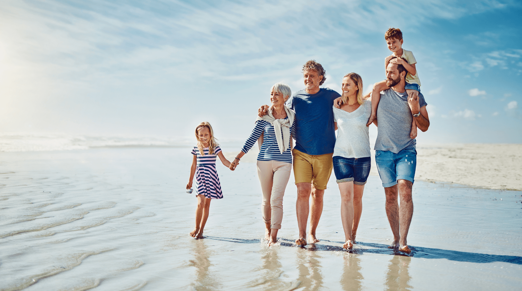 Multi-generational family walking on the beach